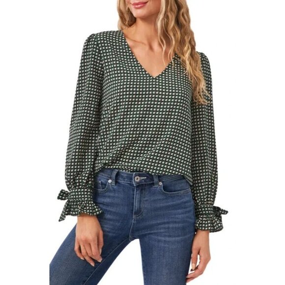 CeCe Tops - Cece Top Tie Sleeve V Neck Green Geometric Printed Blouse NWT